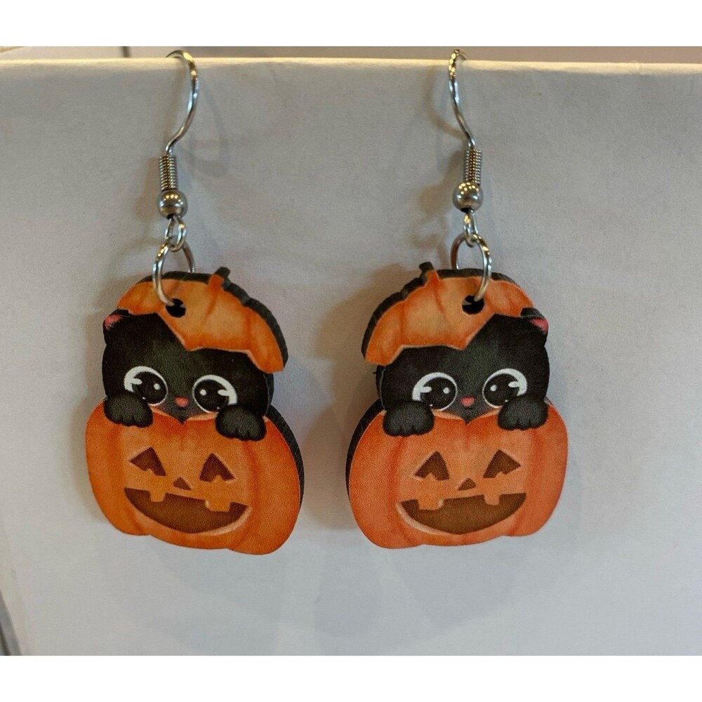Halloween Earrings Pumpkins Black Cat Dangle Trick or Treat Witch Scary Bats - Picture 3 of 4